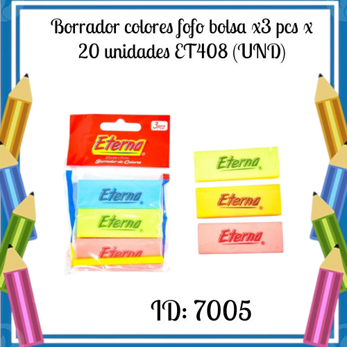 Borrador colores fofo bolsa x3 pcs x 20 unidades ET408 (UND)