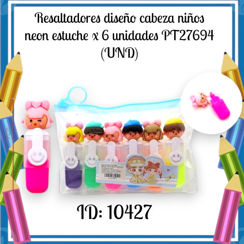 Resaltadores diseño cabeza niños neon estuche x 6 unidades  PT27694 (UND)
