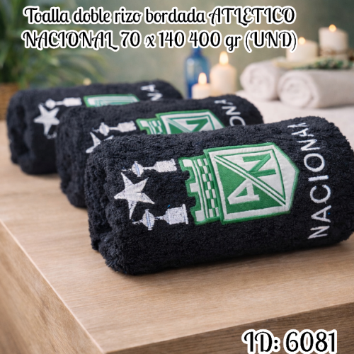 Toalla doble rizo bordada ATLETICO NACIONAL 70 x 140 400 gr (UND)