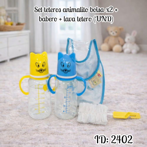 Set teteros animalito bolsa x2 + babero + lava tetero (UND)
