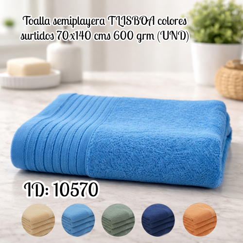 Toalla semiplayera TLISBOA colores surtidos 70x140 cms 600 grm (UND)
