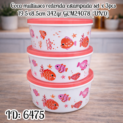 Coca multiusos redonda estampada set x 3pcs 19.5x8.5cm 342gr GEM24078 (UND)
