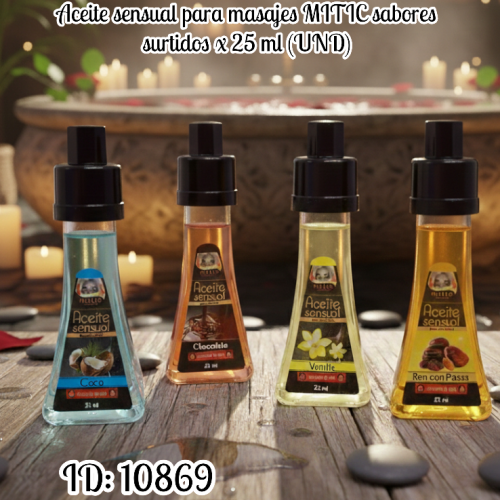 Aceite sensual para masajes MITIC sabores surtidos x 25 ml (UND)