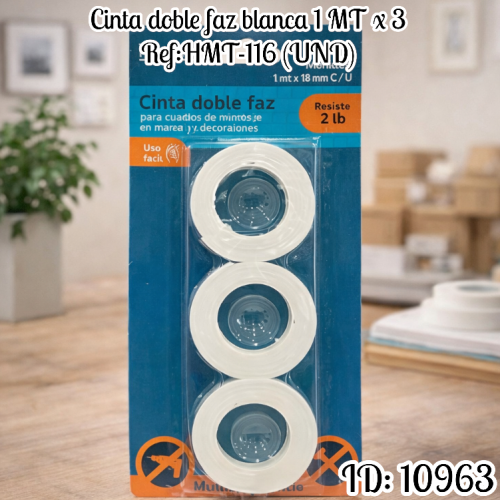 Cinta doble faz blanca  1 MT x 3  Ref:HMT116   (UND)