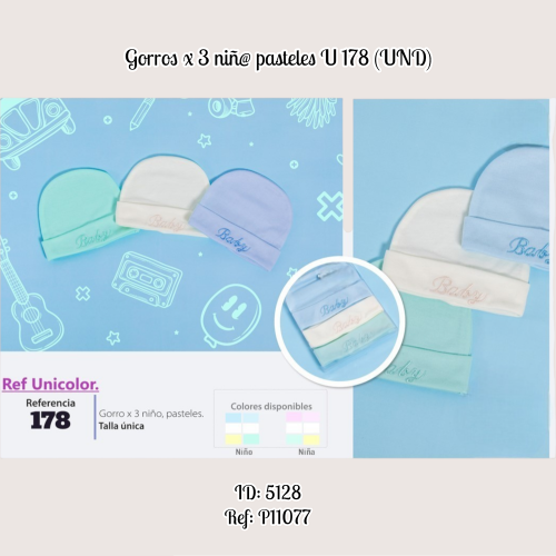 Gorros x 3 niñ@ pasteles U 178 (UND)