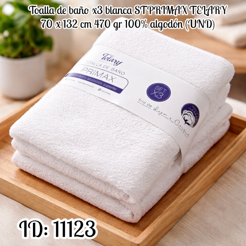 Toalla de baño x3 blanca STPRIMAX TELARY 70 x 132 cm 470 gr 100% algodón (UND)