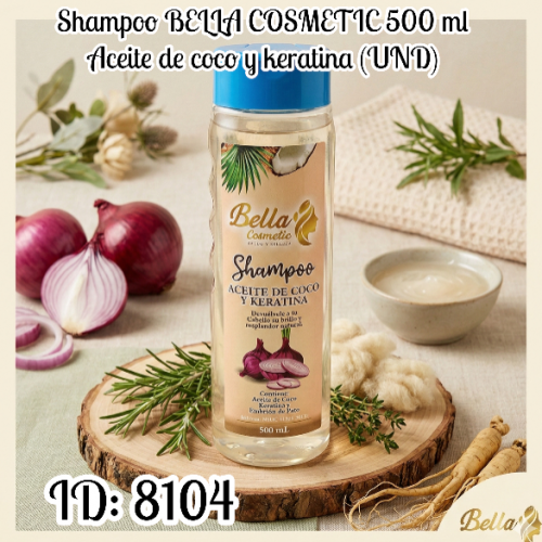 Shampoo BELLA COSMETIC 500 ml Aceite de coco y keratina (UND)
