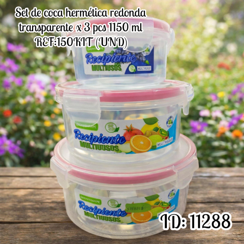 Set de coca hermética redonda transparente x 3 pcs 1150 ml REF:150KIT (UND)