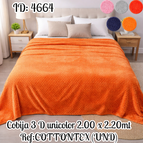 Cobija 3 D unicolor 2.00 x 2.20mt Ref:COTTONTEX (UND)