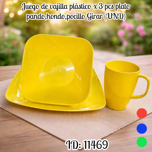 Juego de vajilla plástico x 3 pcs plato pando,hondo,pocillo Girar (UND)