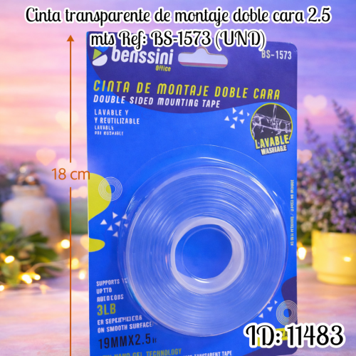 Cinta transparente de montaje doble cara  2.5 mts Ref: BS-1573 (UND)