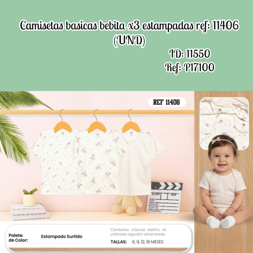 Camisetas basicas bebita x3 estampadas ref: 11406 (UND)