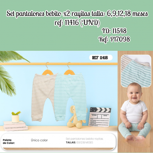 Set pantalones bebito x2 rayitas talla: 6,9,12,18 meses ref: 11416 (UND)