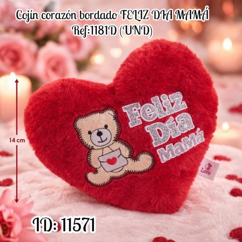 Cojín corazón bordado FELIZ DIA MAMÁ Ref:1181D (UND)