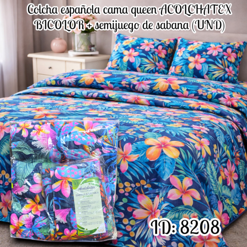 Colcha española cama queen ACOLCHATEX BICOLOR + semijuego de sabana