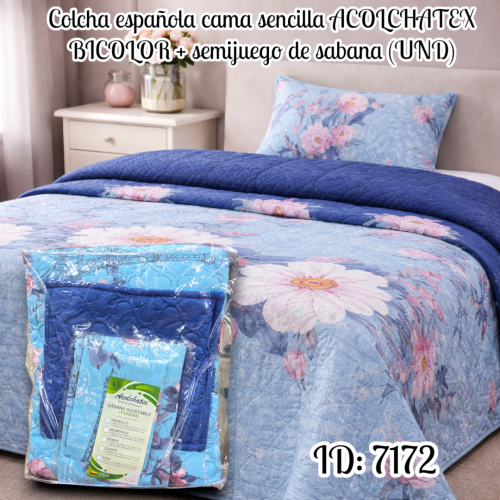 Colcha española cama sencilla ACOLCHATEX BICOLOR + semijuego de sabana