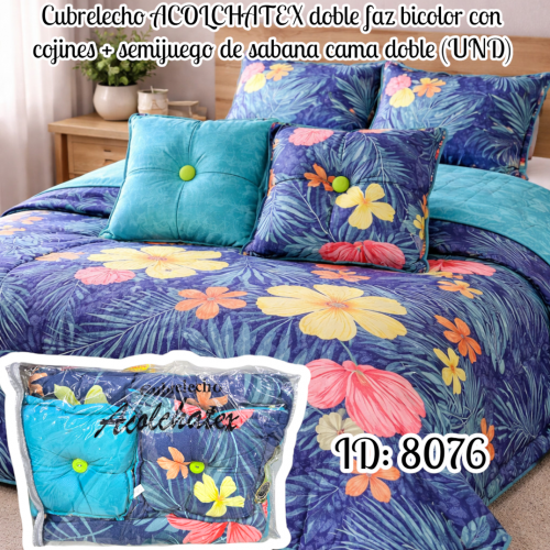 Cubrelecho ACOLCHATEX doble faz bicolor con cojines + semijuego de sabana cama doble