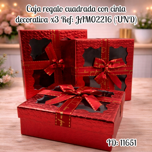 Caja regalo cuadrada con cinta decorativa x3 Ref: JAM02216 (UND)
