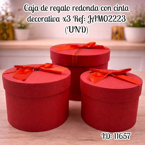 Caja de regalo redonda con cinta decorativa x3 Ref: JAM02223 (UND)