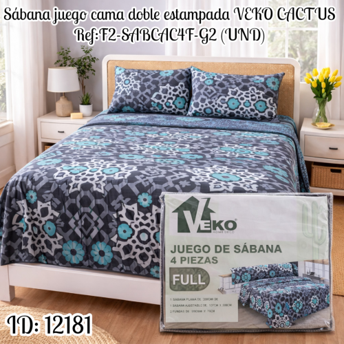 Sábana juego cama doble estampada VEKO CACTUS Ref:F2-SABCAC4F-G2 (UND)