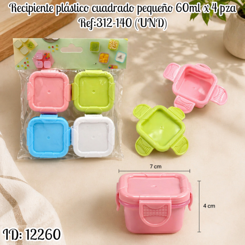 Recipiente plástico cuadrado pequeño 60ml x 4 pza Ref:312-140 (UND)