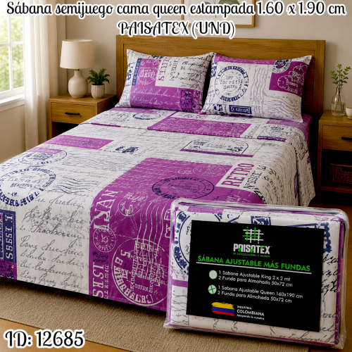 Sábana semijuego cama queen estampada 1.60 x 1.90 cm PAISATEX (UND)