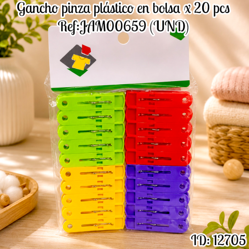 Gancho pinza plástico en bolsa x 20 pcs Ref:JAM00659 (UND)