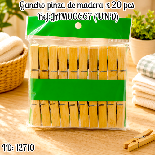 Gancho pinza de madera x 20 pcs Ref:JAM00667 (UND)