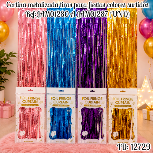 Cortina metalizada tiras para fiestas colores surtidos Ref:JAM01280 A JAM01287 (UND)
