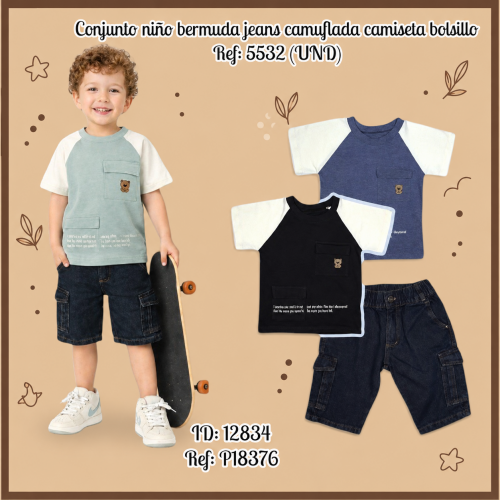 Conjunto niño bermuda jeans camuflada camiseta bolsillo Ref: 5532 (UND)