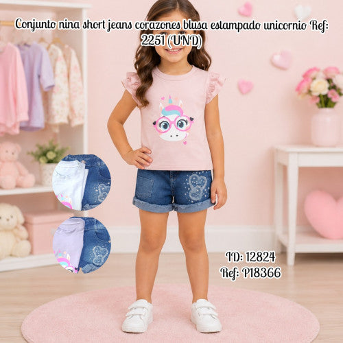 Conjunto nina short jeans corazones blusa estampado unicornio Ref: 2251 (UND)