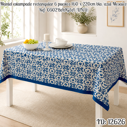 Mantel estampado rectangular 6 puestos 160 x 220cm bla/azul Mosaico Ref: 0502BAAG5A (UND)