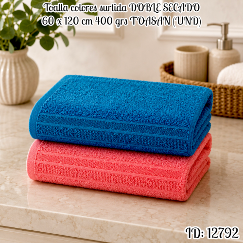 Toalla colores surtida DOBLE SECADO 60 x 120 cm 400 grs TOASAN (UND)