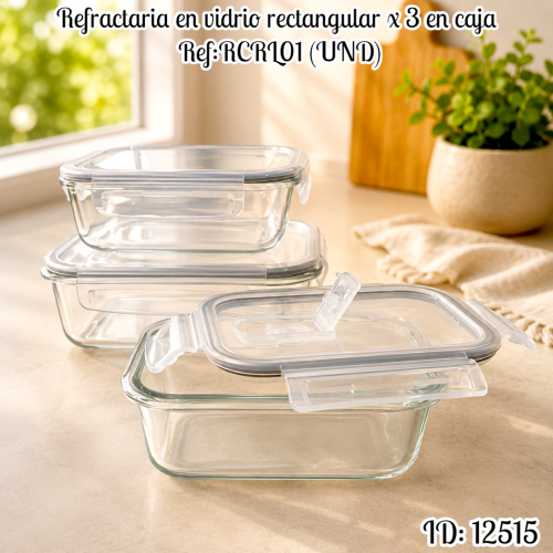 Refractaria en vidrio rectangular x 3 en caja Ref:RCRL01