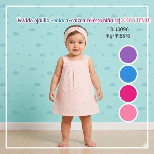 Vestido ojalillo +balaca+calzon colores niña ref: 037 (UND)