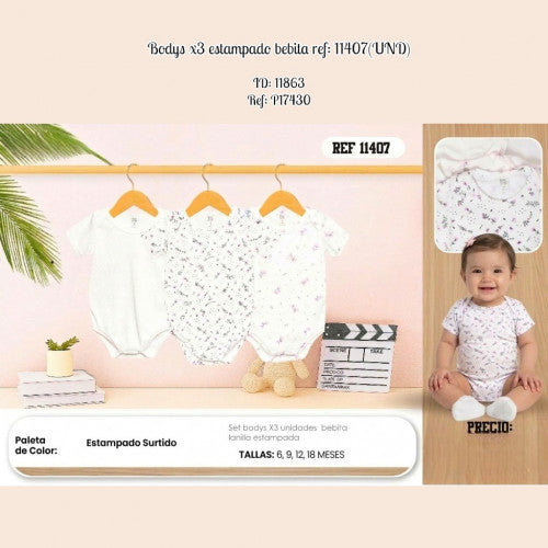 Bodys x3 estampado bebita ref: 11407(UND)