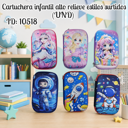 Cartuchera infantil  alto relieve  estilos surtidos (UND)