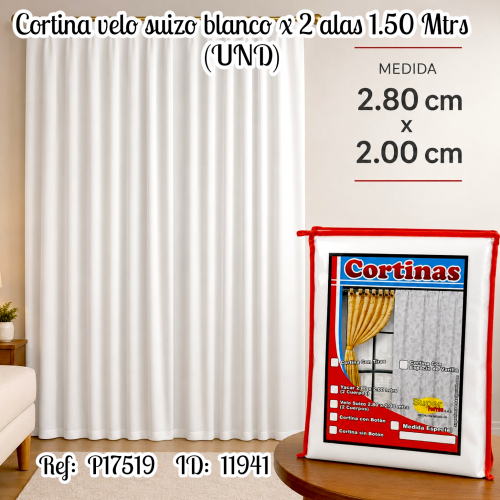 Cortina velo suizo blanco x 2 alas 2.80 X 2.00 Mtrs (UND)