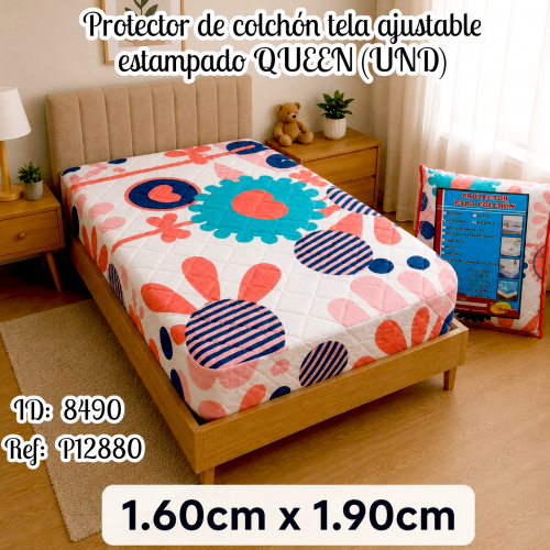 Protector de colchón tela ajustable estampado QUEEN (UND)