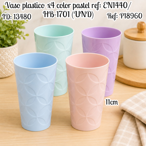 Vaso plastico x4 color pastel ref: EN1440/HB-1701 (UND)