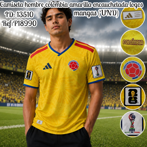 Camiseta hombre colombia amarilla encauchetada logos mangas (UND)