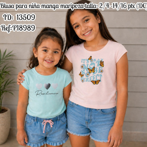 Blusa para niña manga maripoza talla: 2/4 -14/16 ptx (DC)