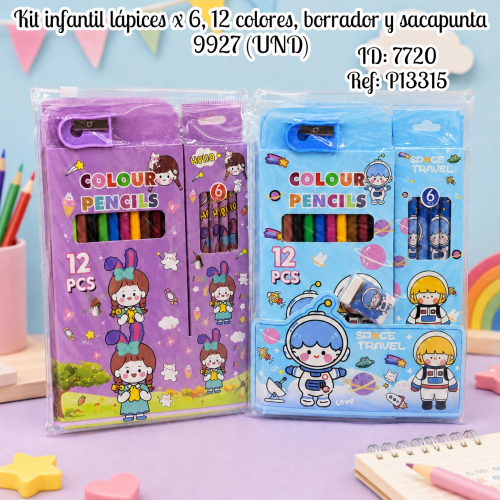 Kit infantil lápices x 6, 12 colores, borrador y sacapunta 9927 (UND)