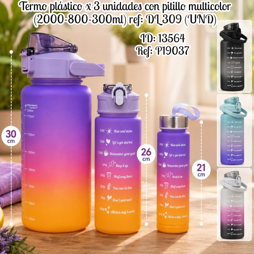 Termo plástico x 3 unidades con pitillo multicolor (2000-800-300ml)  ref: DL 309 (UND)