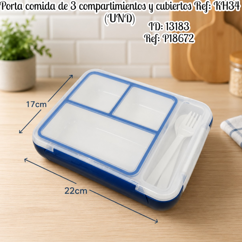 Porta comida de 3 compartimientos y cubiertos Ref: KH34 (UND)