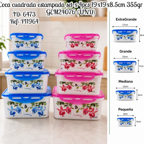 Coca cuadrada estampada set x 4pcs 19x19x8.5cm 355gr GEM24076 (UND)