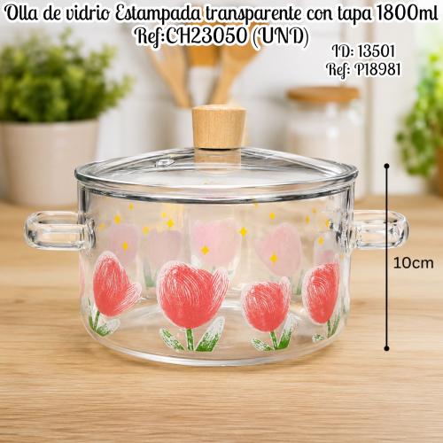 Olla de vidrio Estampada transparente con tapa 1800ml Ref:CH23050 (UND)