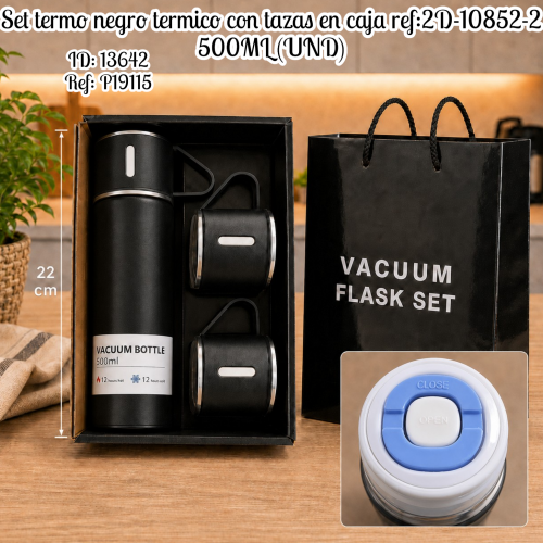 Set termo negro termico con tazas en caja ref:2D-10852-2 500ML (UND)