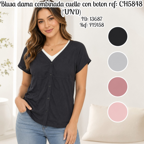 Blusa dama combinada cuello con boton ref: CH5848 (UND)