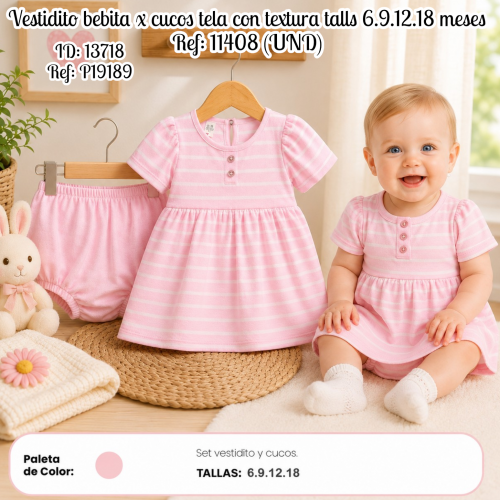 Vestidito bebita x cucos tela con textura talls 6.9.12.18 meses Ref: 11408 (UND)
